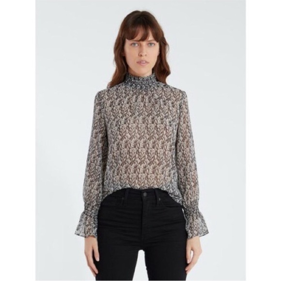 MISA LOS ANGELES Giana Black White Print Long Sleeve Sheer Smock Neck Top S - Picture 4 of 14